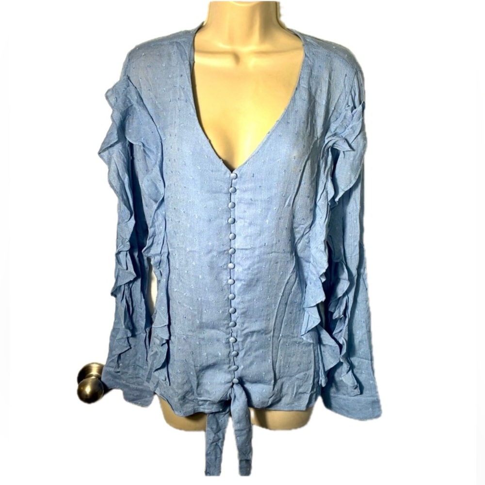 Entro Blue Ruffle Button-Down Women's Blouse with Tie - NWT - Size Large!